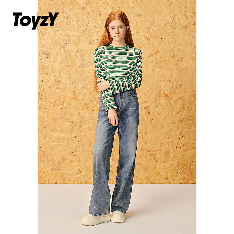 ToyzY25春新款精致烫钻复古蓝直筒牛仔裤女ZC35120020