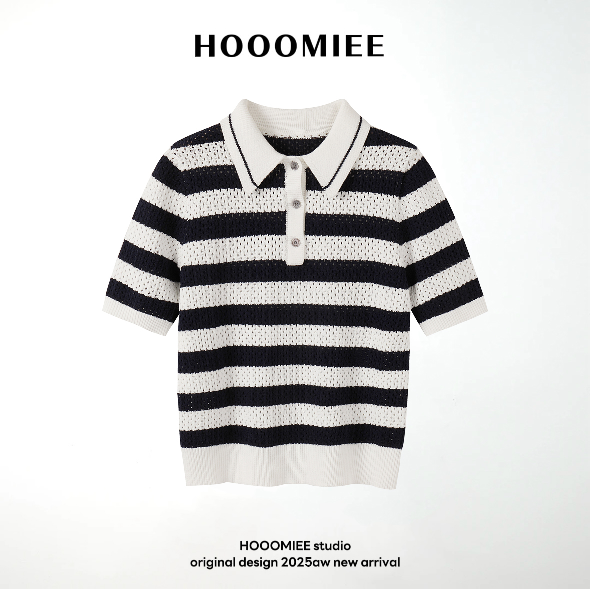 Hooomiee气质淑女夏日舒适镂空条纹女士POLO翻领短袖250106