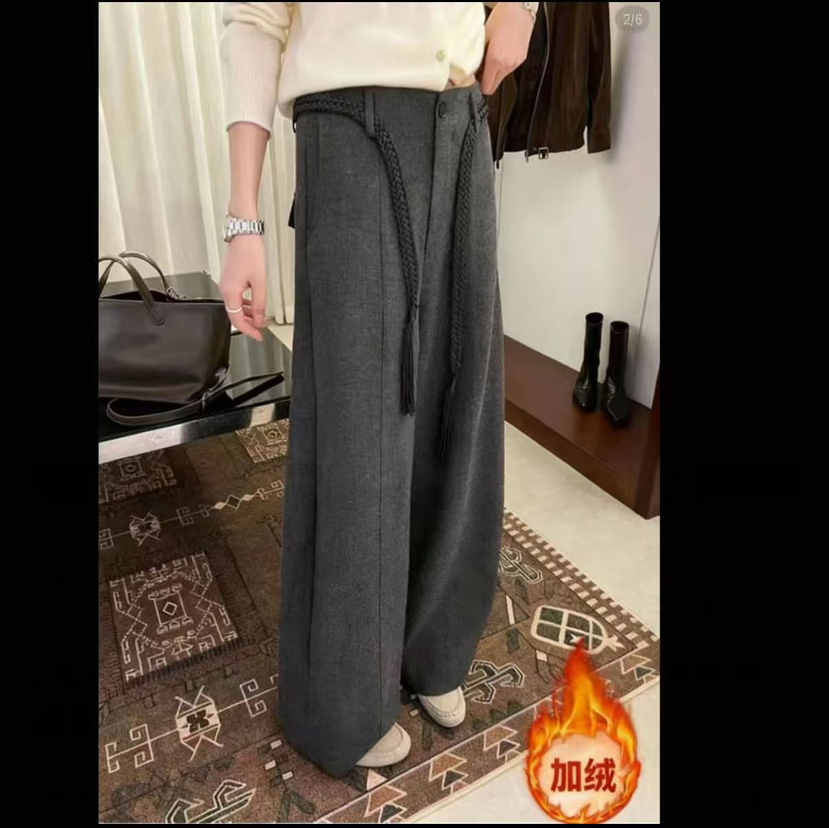 送腰带加绒毛呢直筒休闲裤2025冬季高腰新款宽松拖地百搭阔腿裤