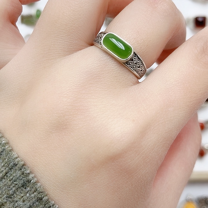 和田玉戒指银S925镶嵌天然