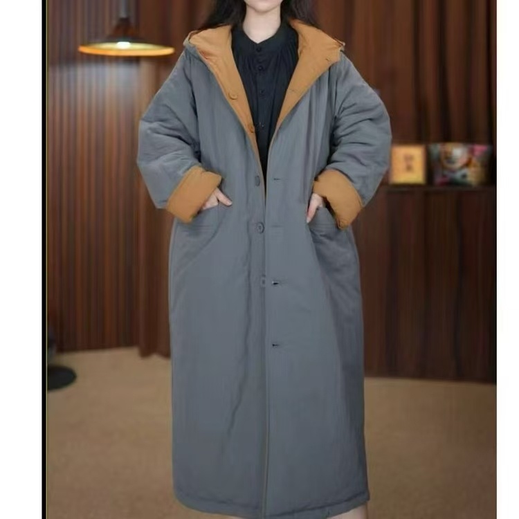 冬季加厚保暖连帽中长款双面穿宽松休闲时尚棉衣秋冬百搭棉服外套