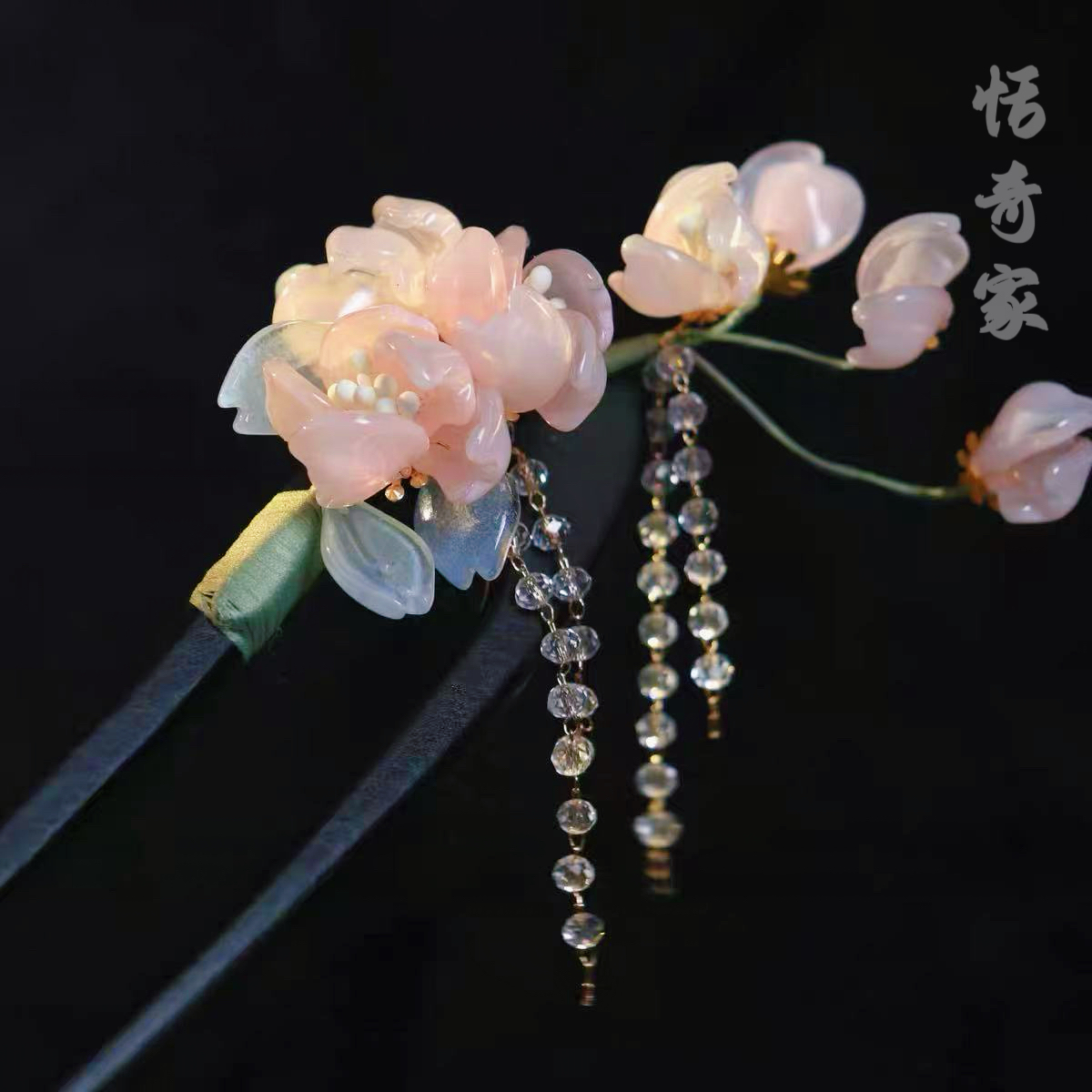 恬奇家a701“淡橙海棠”高定流苏u型木质双钗发簪古风旗袍高级感