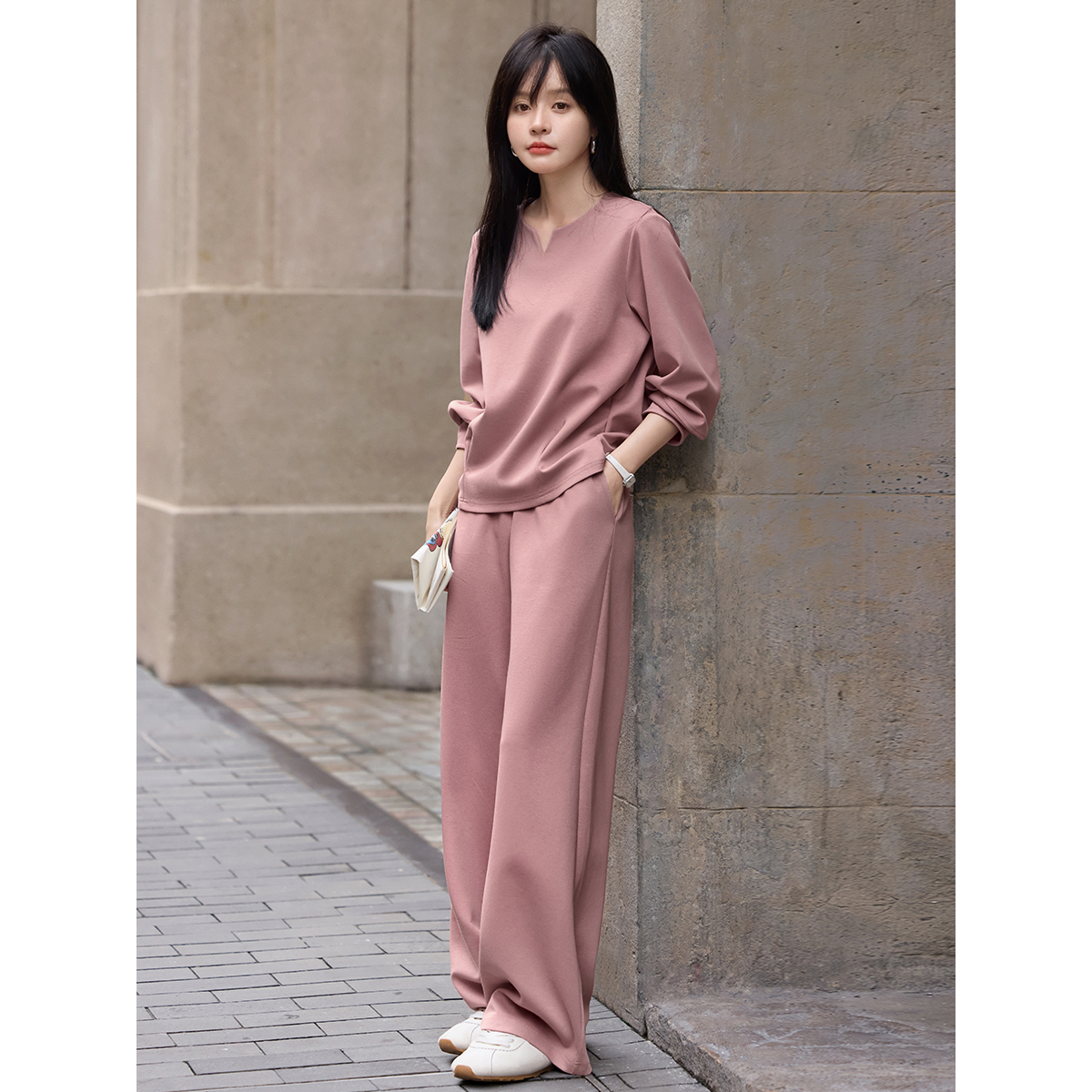 沫晗依美云朵感休闲纯色卫衣套装2025春季新款七分袖上衣长裤套装