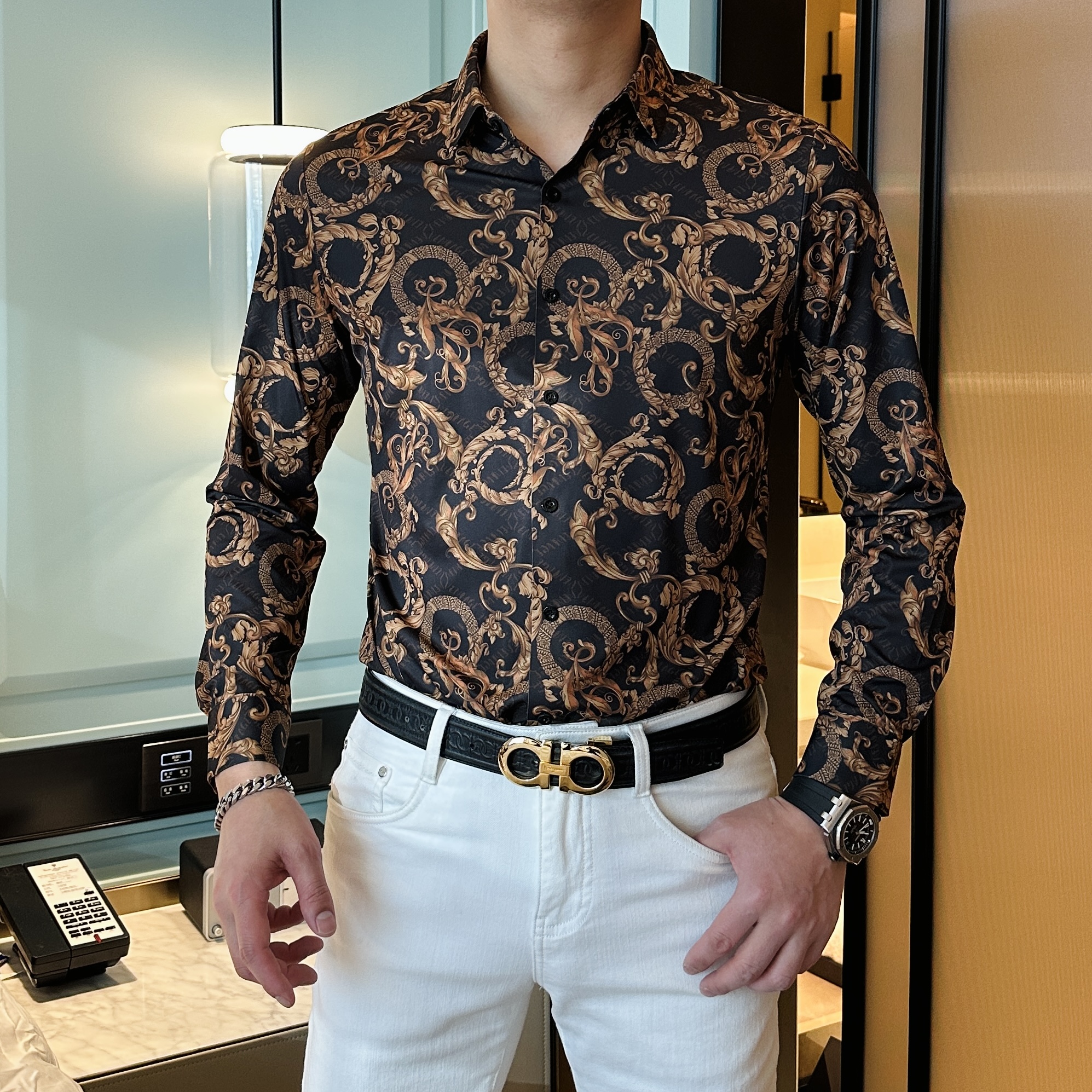 【仟旺赞男装】新款高端潮牌男士时尚提花显瘦翻领长袖衬衫