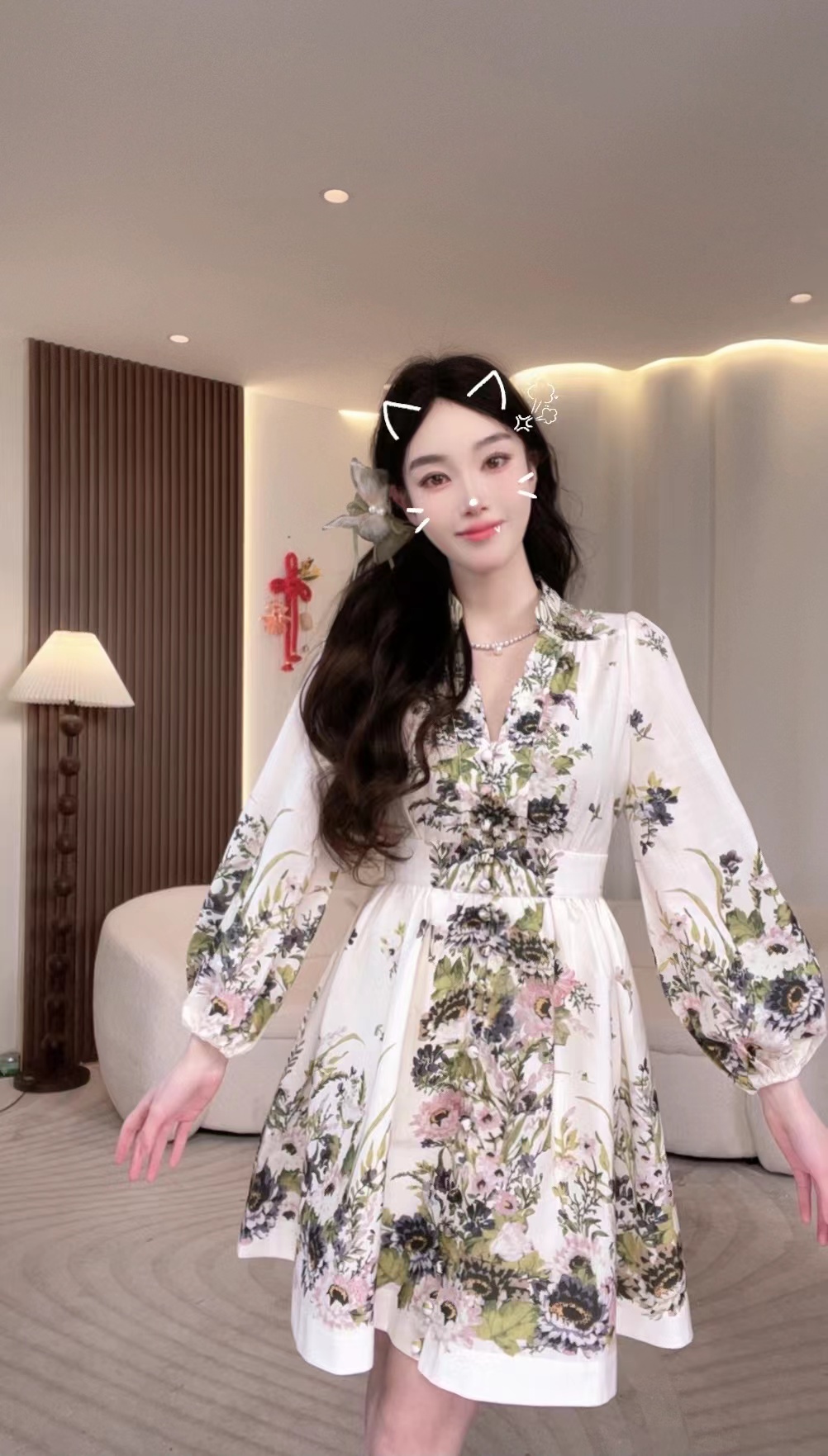 【石潇潇专属】高定制复古定位印花V领泡泡袖单排扣大摆连衣裙