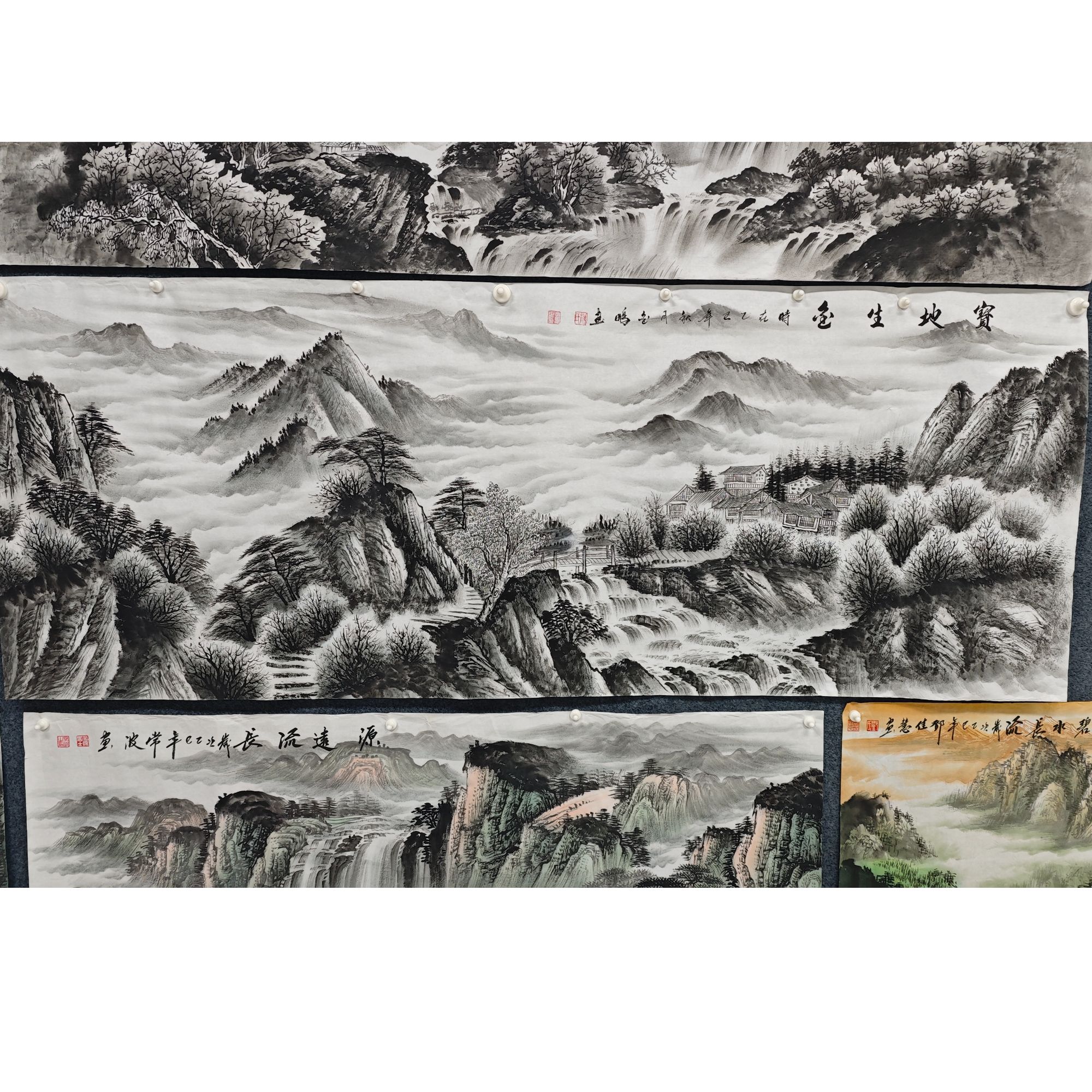 小六尺横幅手绘国画精品素雅水墨宝地生金群山流水山水画宣纸画芯