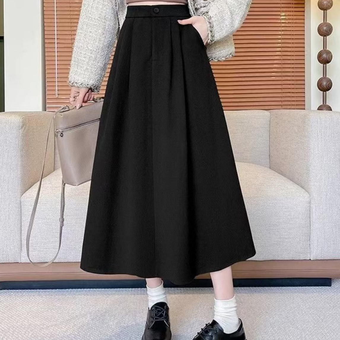 送腰带秋季新款中长款高腰半身女通勤显瘦裙子a字伞裙垂感钛金棉