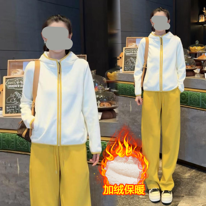 加绒加厚连帽卫衣女2025冬季新款洋气显瘦撞色拼接休闲开衫外套潮