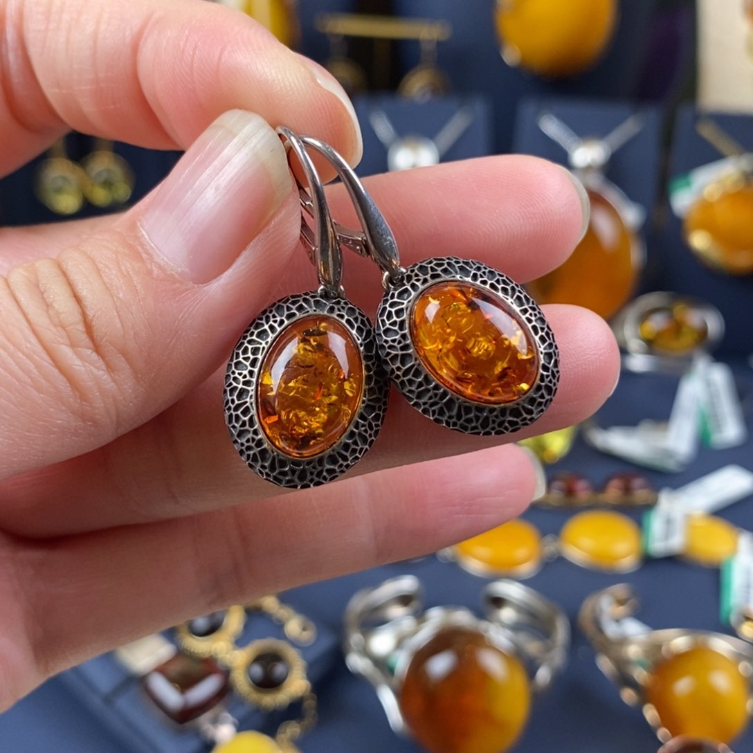 琥珀耳饰银S925镀金镶嵌