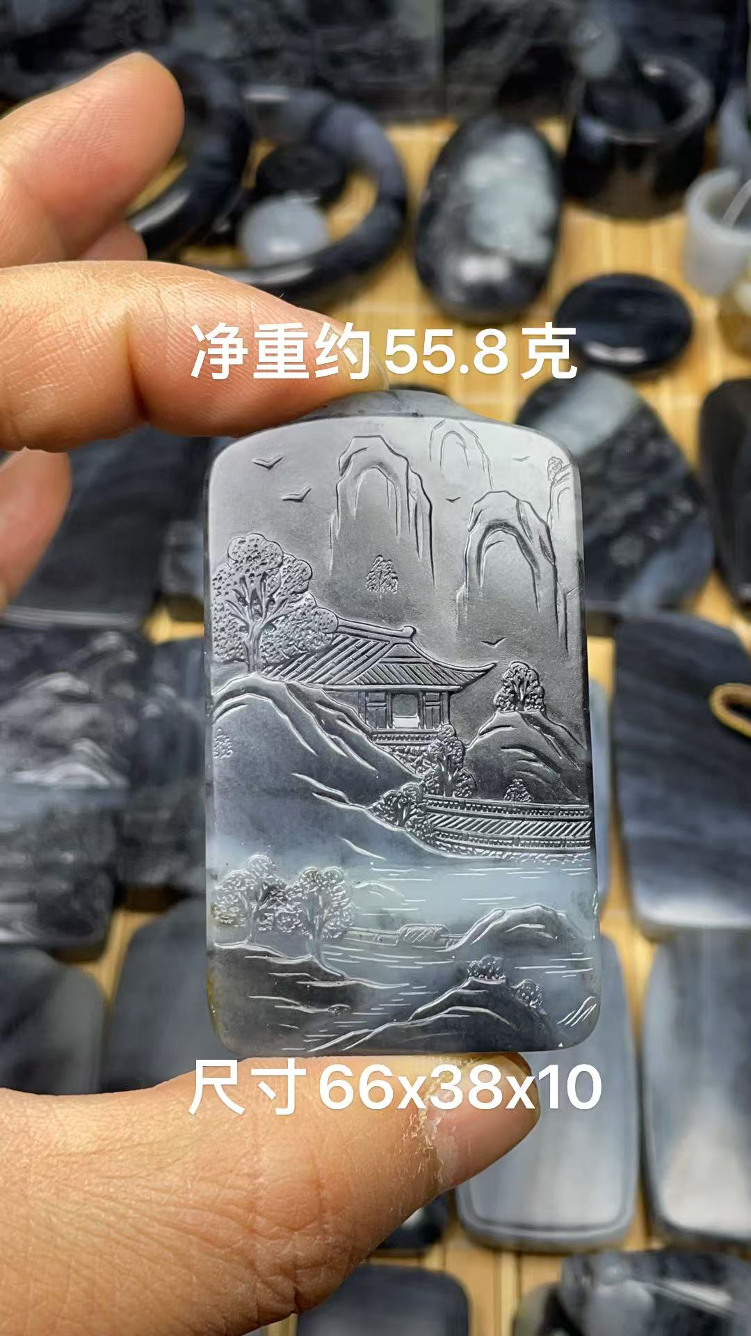 天然和田玉籽 料青花手工精雕意境山水牌玉佩吊坠挂件