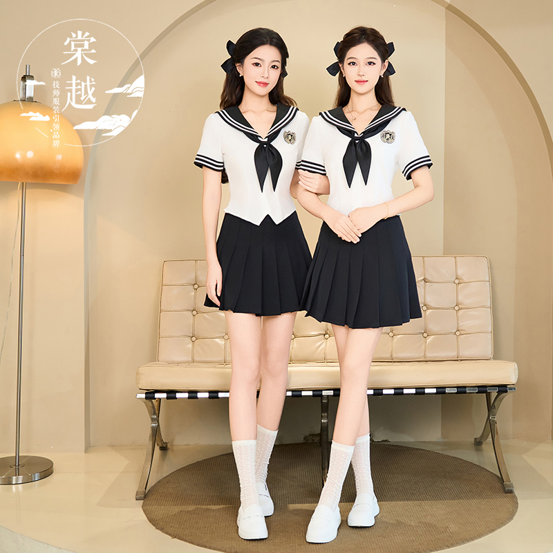 棠越减龄足疗足浴按摩技师工作服采耳美容显瘦jk百褶裙套装4791