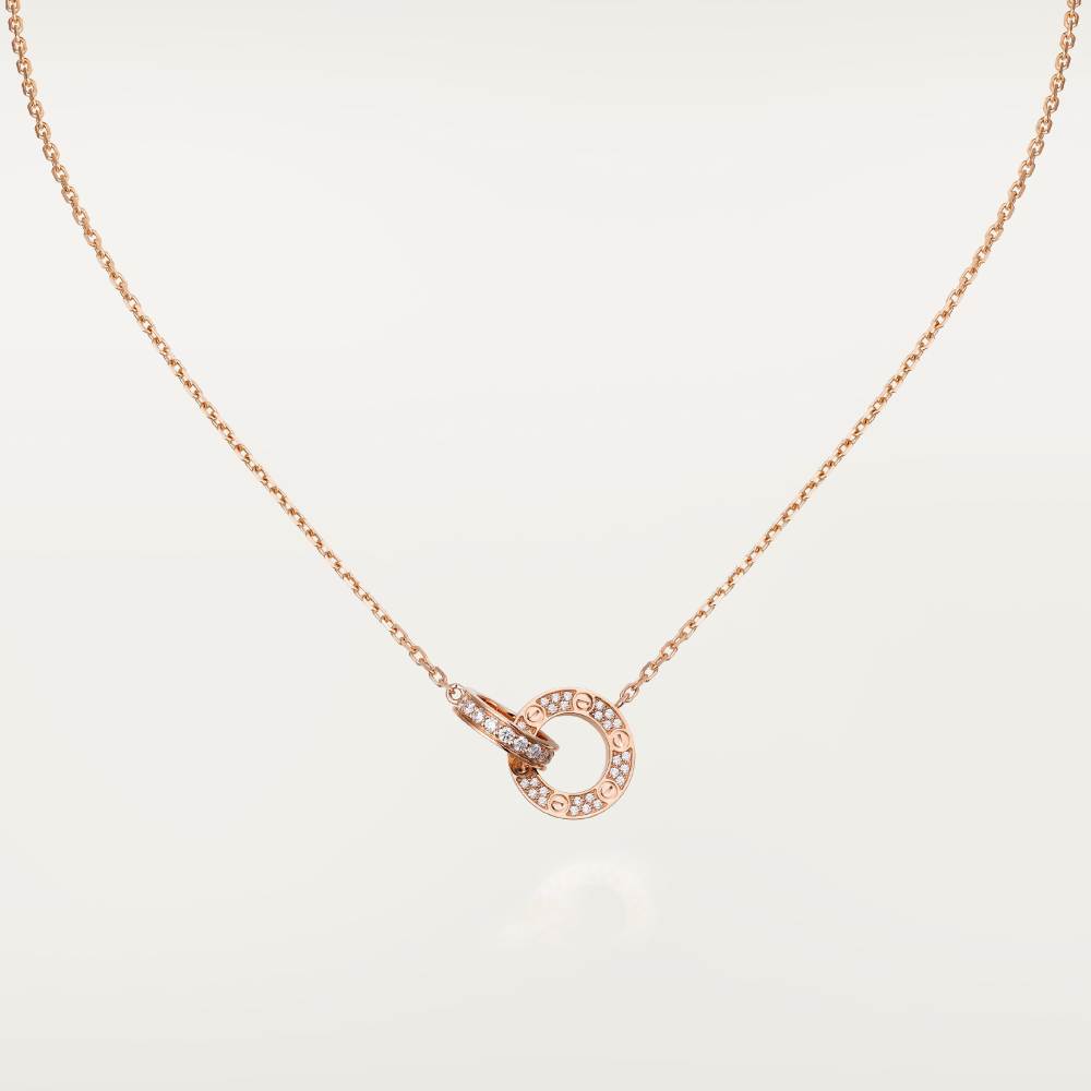 99新 Cartier/卡地亚 Love系列 经典18K金 双环满钻项链 环环相扣