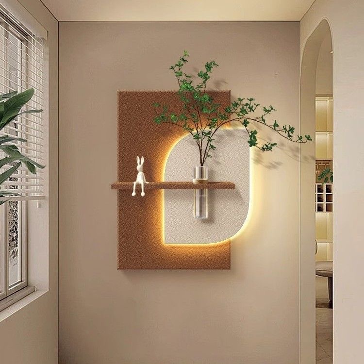 奶油风3D客厅背景墙装饰画砂岩玄关走廊led壁灯画diy水培绿植挂画