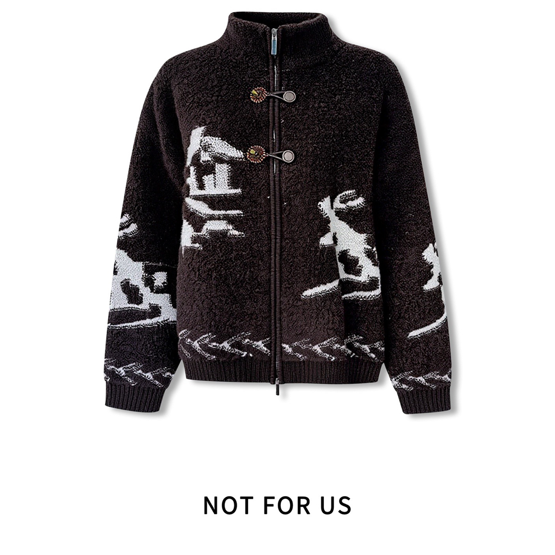 NOT FOR US｜新款上新棕色立体花朵纽扣立领拉链短款100羊羔毛外套