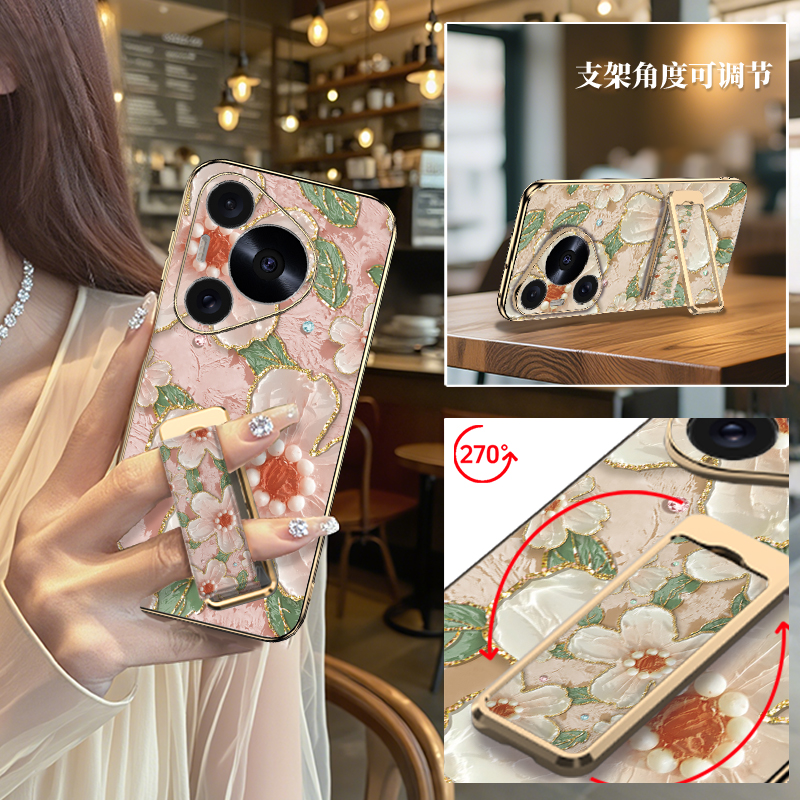 【腕带支架】油画金边小花适用华为pura80pro手机壳p80ultra新款p70