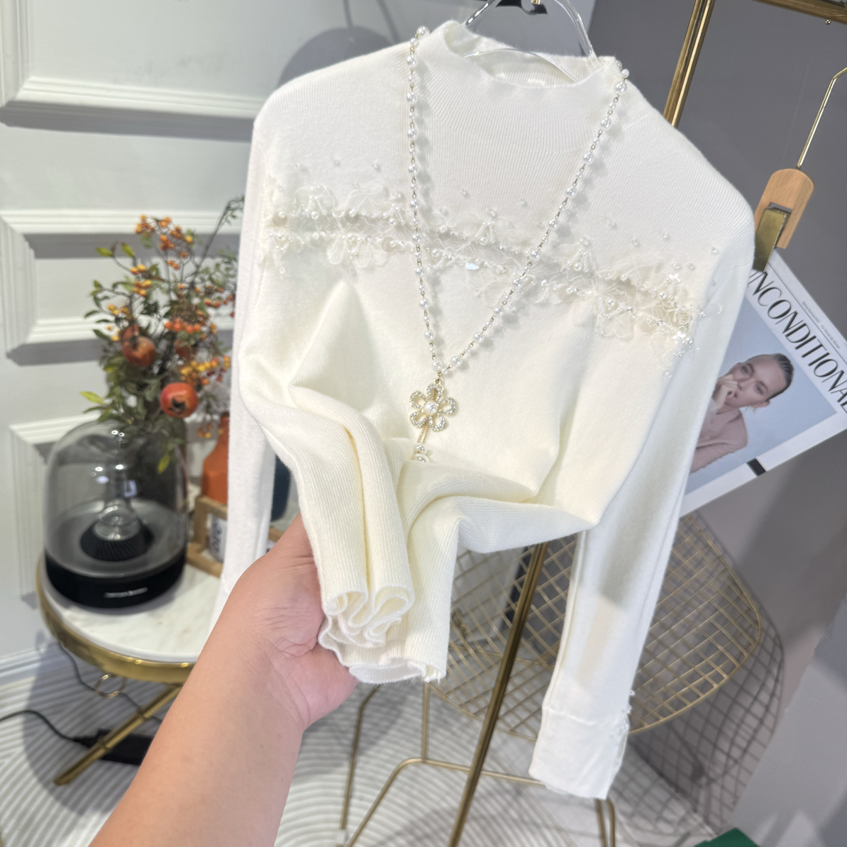 蕾丝拼接半高领针织厚打底衫女秋冬设计感镂空显瘦温柔风长袖上衣