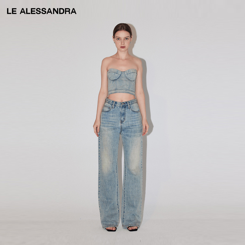 品牌直营 LE ALESSANDRA 美式做旧牛仔洗水修身抹胸上衣