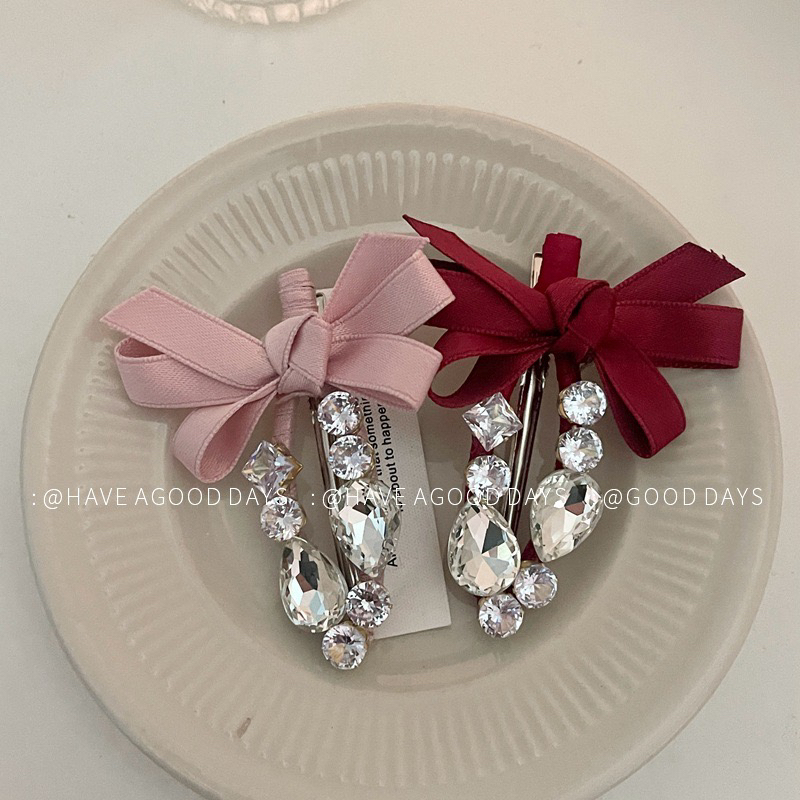 新款韩国甜美丝带蝴蝶结水钻鸭嘴夹发夹超仙刘海夹侧边夹发饰BB夹