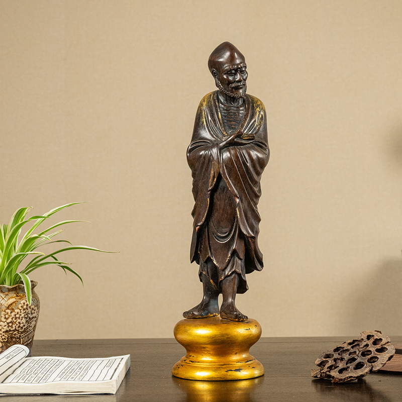 清 红木漆金持经罗汉像古董收藏