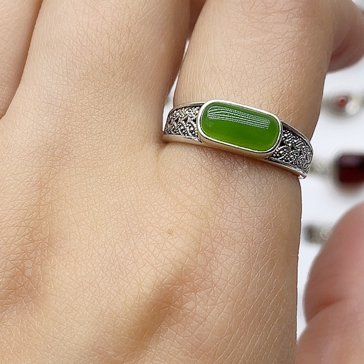 和田玉戒指银S925镶嵌天然