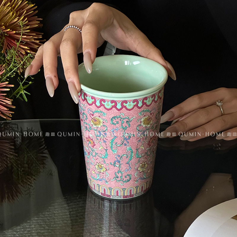 珐琅彩陶瓷杯复古马克杯手握杯水杯中古风茶杯高颜值咖啡杯子