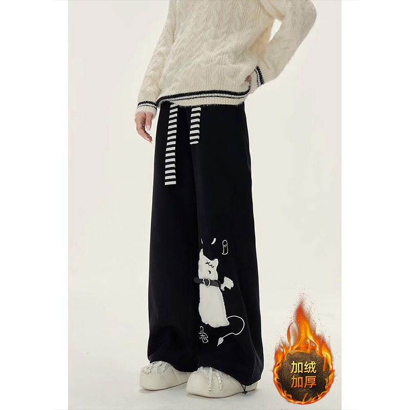 300斤大码女装美式复古立体猫咪加厚休闲裤女胖mm秋冬高腰直筒裤