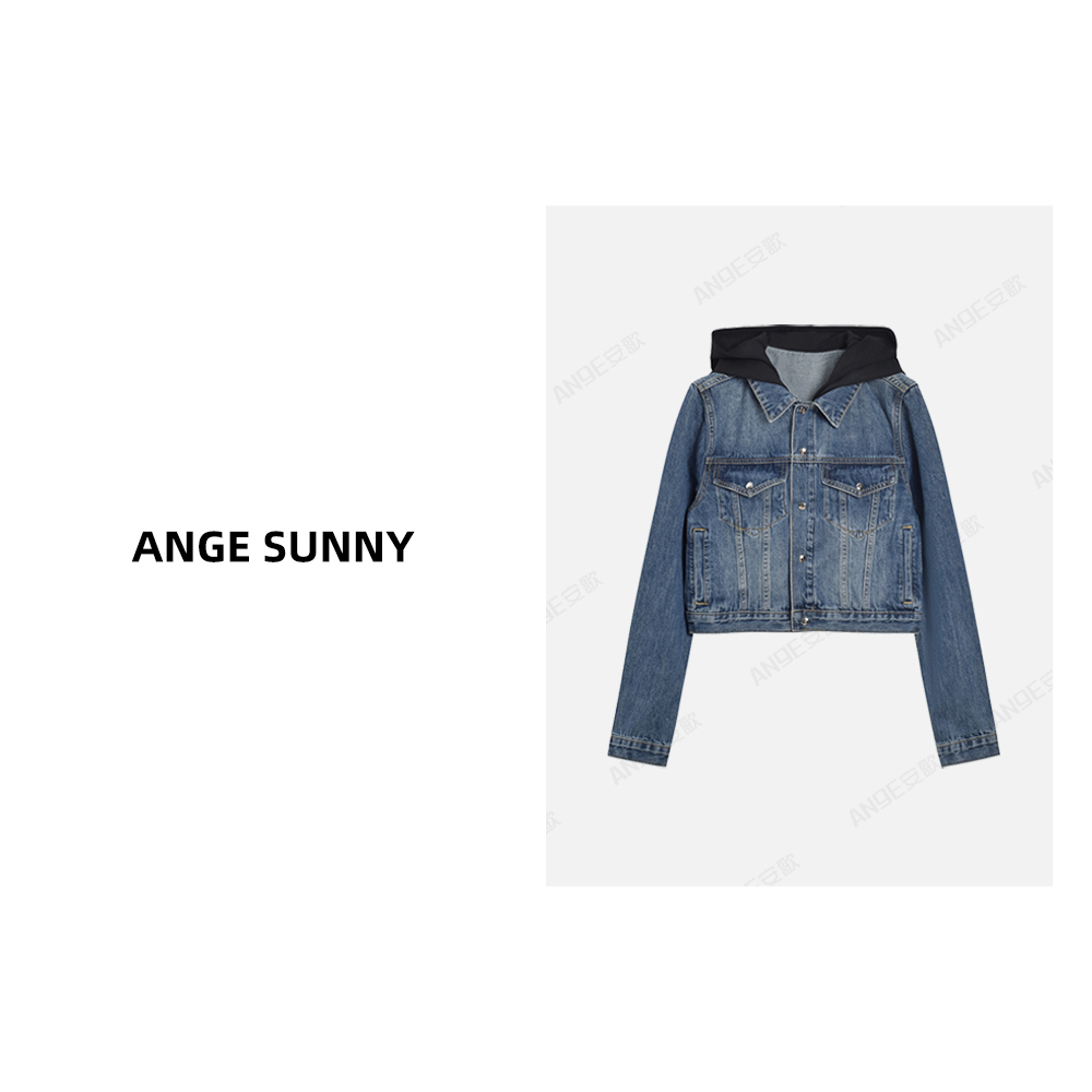 ANGE SUNNY【宋轶同款  连帽牛仔夹克】单排扣水洗长袖拼接牛仔外套