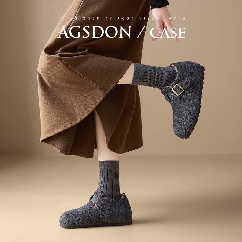 ~奥古狮登灰色加绒勃肯鞋女冬季2025新款软底一脚蹬全包雪地棉鞋W