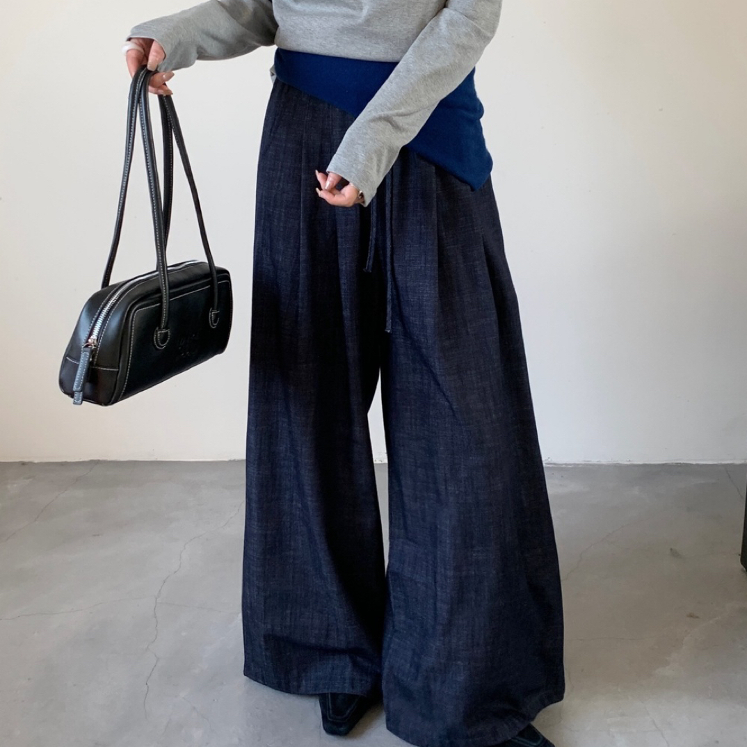 9202松紧腰垂坠感宽松牛仔裤百搭阔腿裤