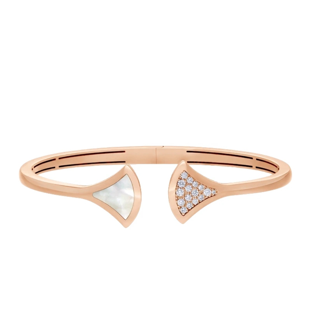 99新 BVLGARI/宝格丽 玫瑰金色白贝母镶钻扇形手镯BR858680
