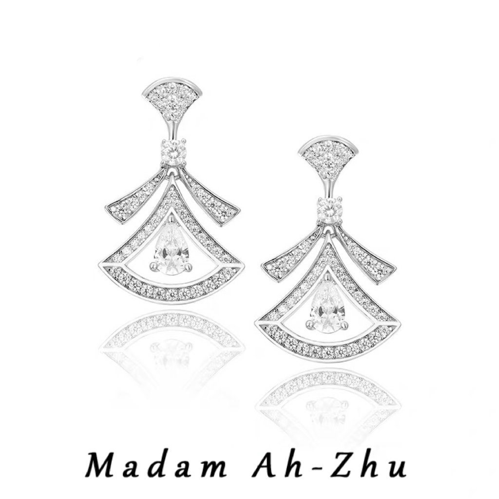 合金合成锆石耳饰 新款白色满钻微镶高定轻奢高版本裙子耳饰