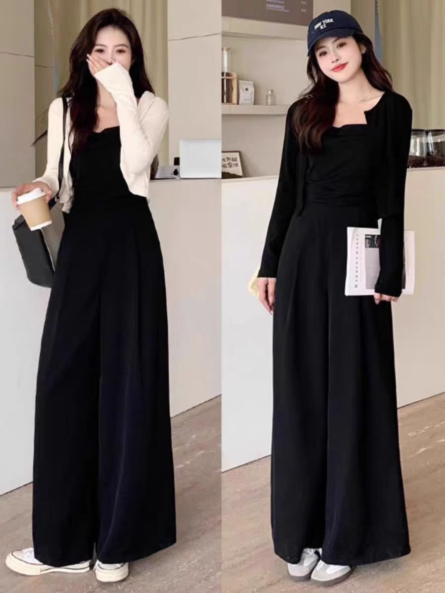 （现货）赫本风高级感套装秋收腰显瘦连体裤胖MM外搭披肩两件套1984