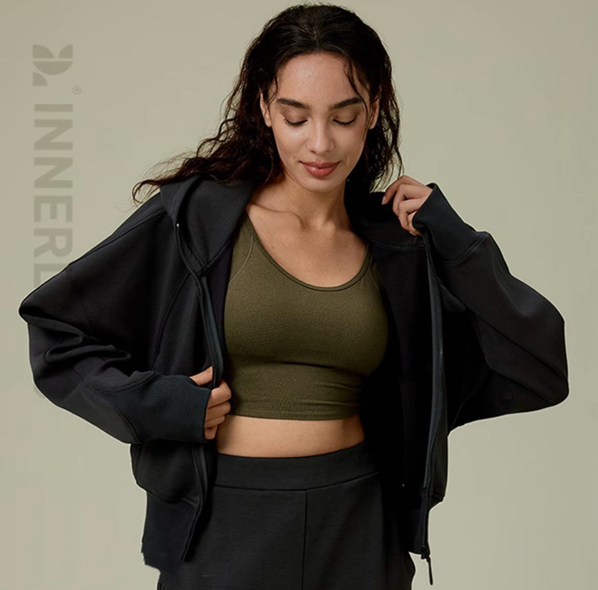 INNERLAND设计师品牌秋冬洋气开衫短款连帽卫衣休闲