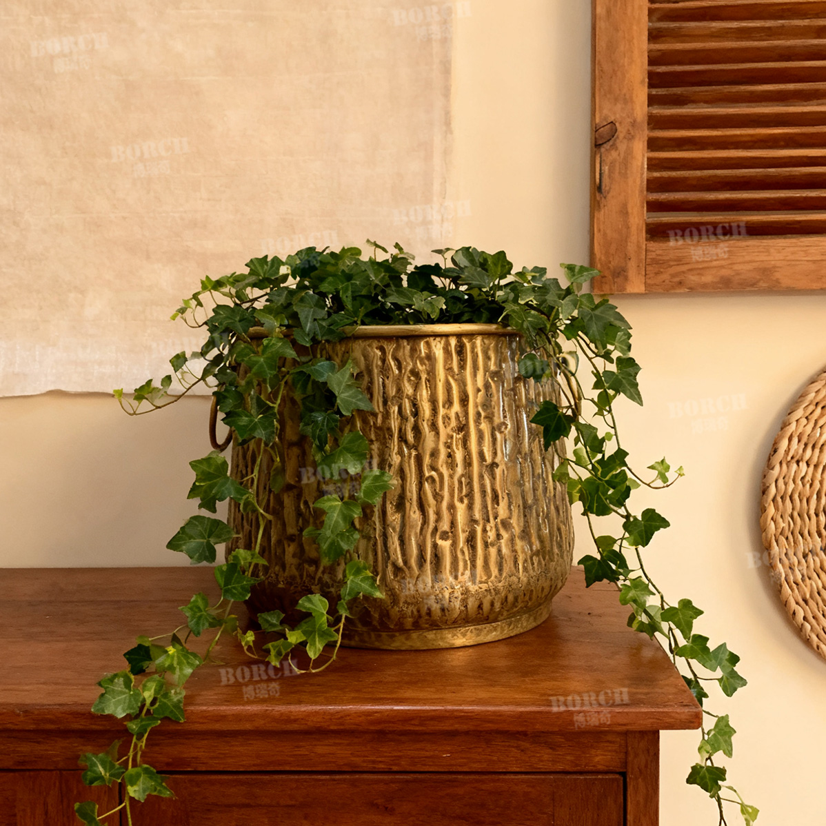 431博瑞奇进口复古手工锻打黄铜盆栽花盆客厅装饰花瓶摆件09971