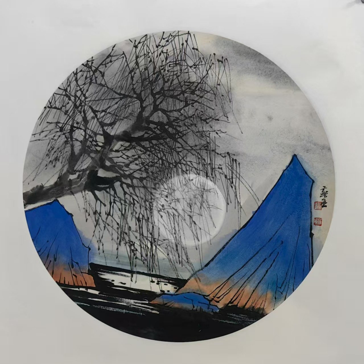 中美协会员邓永广山水画作品《月照村居、雾绕山村、柳影、柳堤》