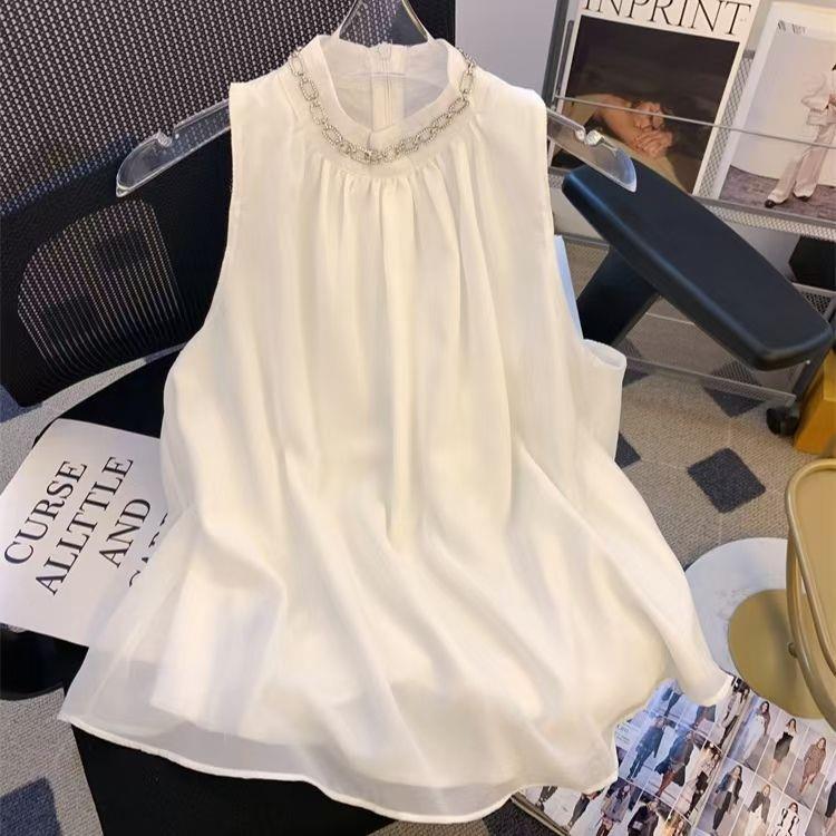 挂脖雪纺衫女2025夏款高级感无袖小上衣宽松遮肚子娃娃衫