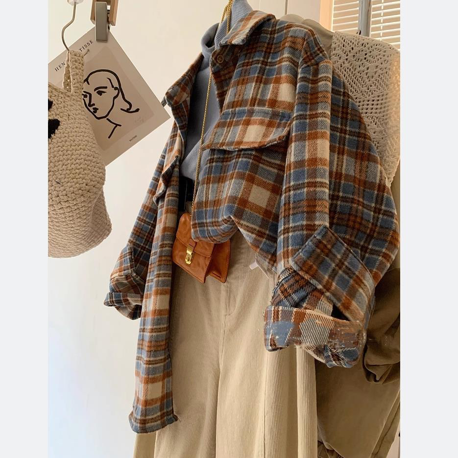 【赠运险】小个子改版美拉德咖色复古格子衬衫女秋季百搭外套短款