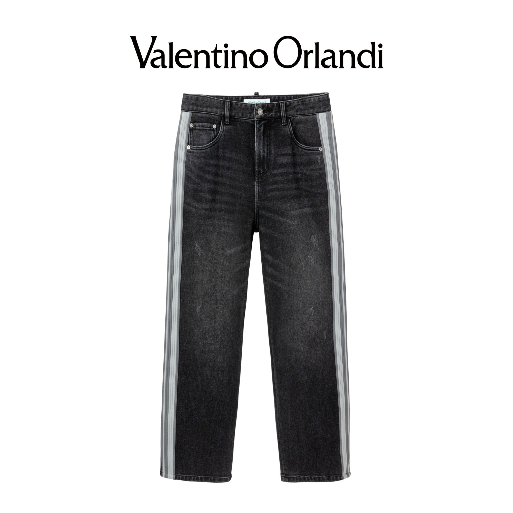 Valentino orlandi男士春秋B版时尚复古百搭撞色条纹直筒牛仔裤