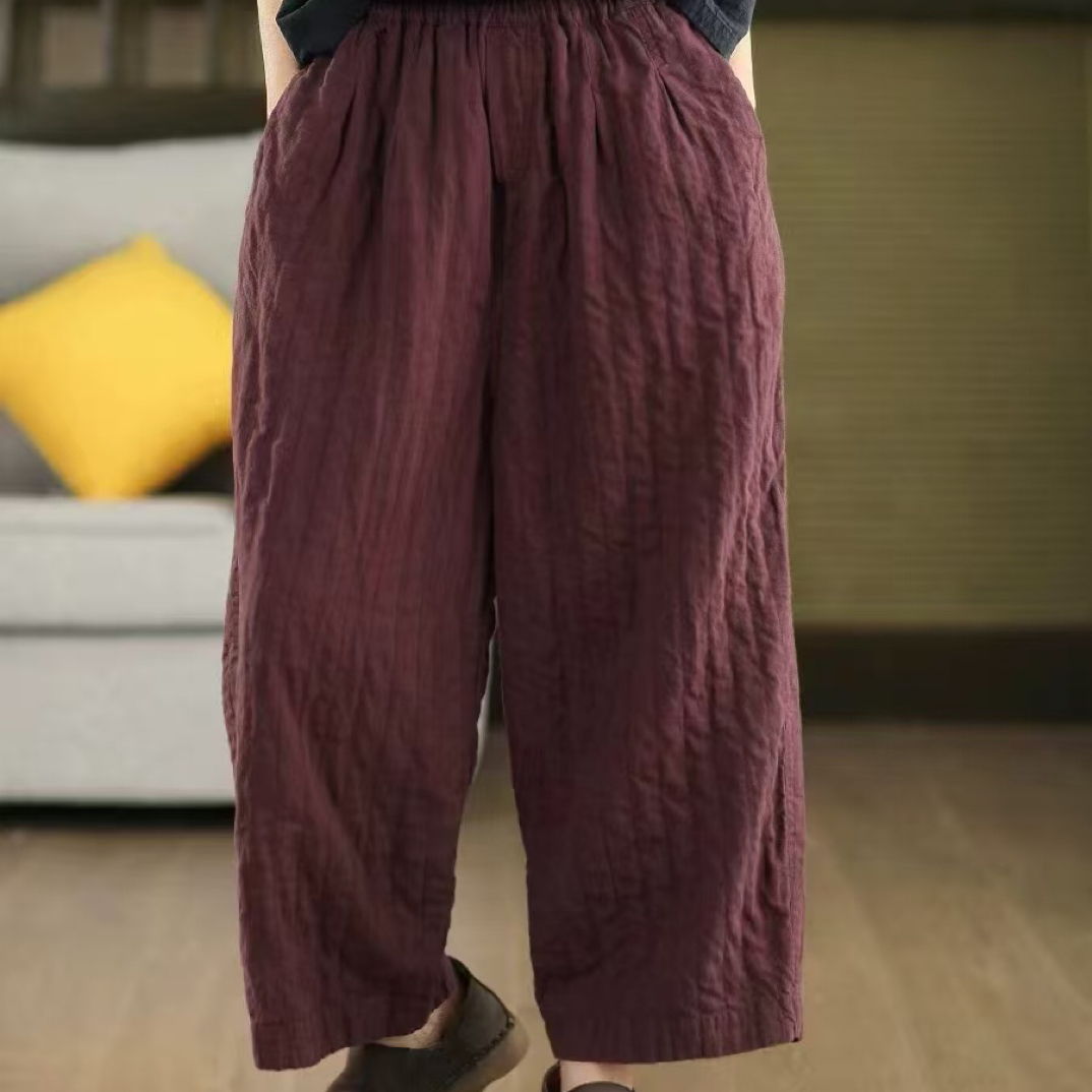 六一奶奶推荐 秋冬内衬款时尚百搭宽松双层亚麻休闲阔腿裤长裤
