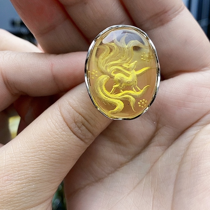 琥珀裸石银S925镶嵌戒指