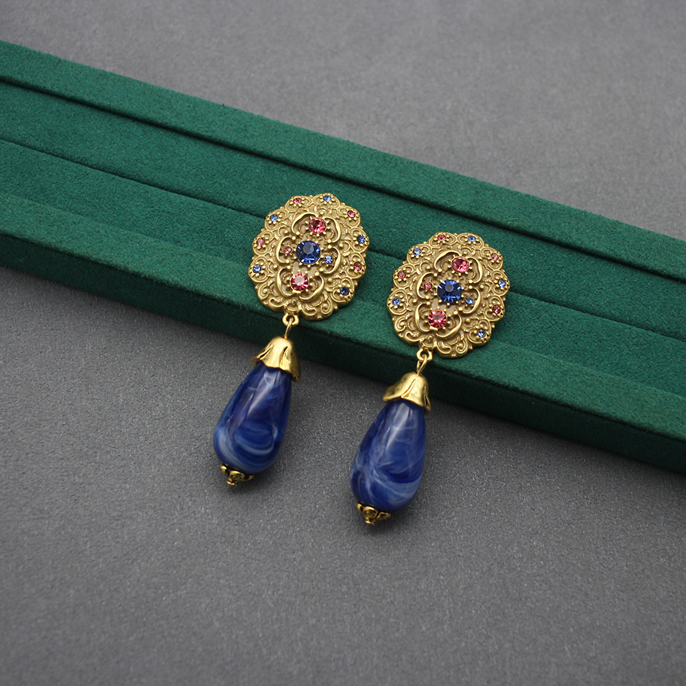 铜合金琉璃耳饰 复古彩色果冻水滴琉璃耳环气质时尚优雅蓝色中古