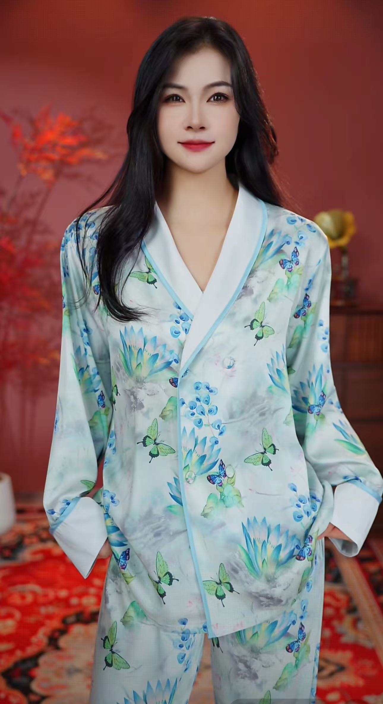 2025年春秋新品轻奢宽松翻领女士长袖防静电睡衣家居服两件套BYB