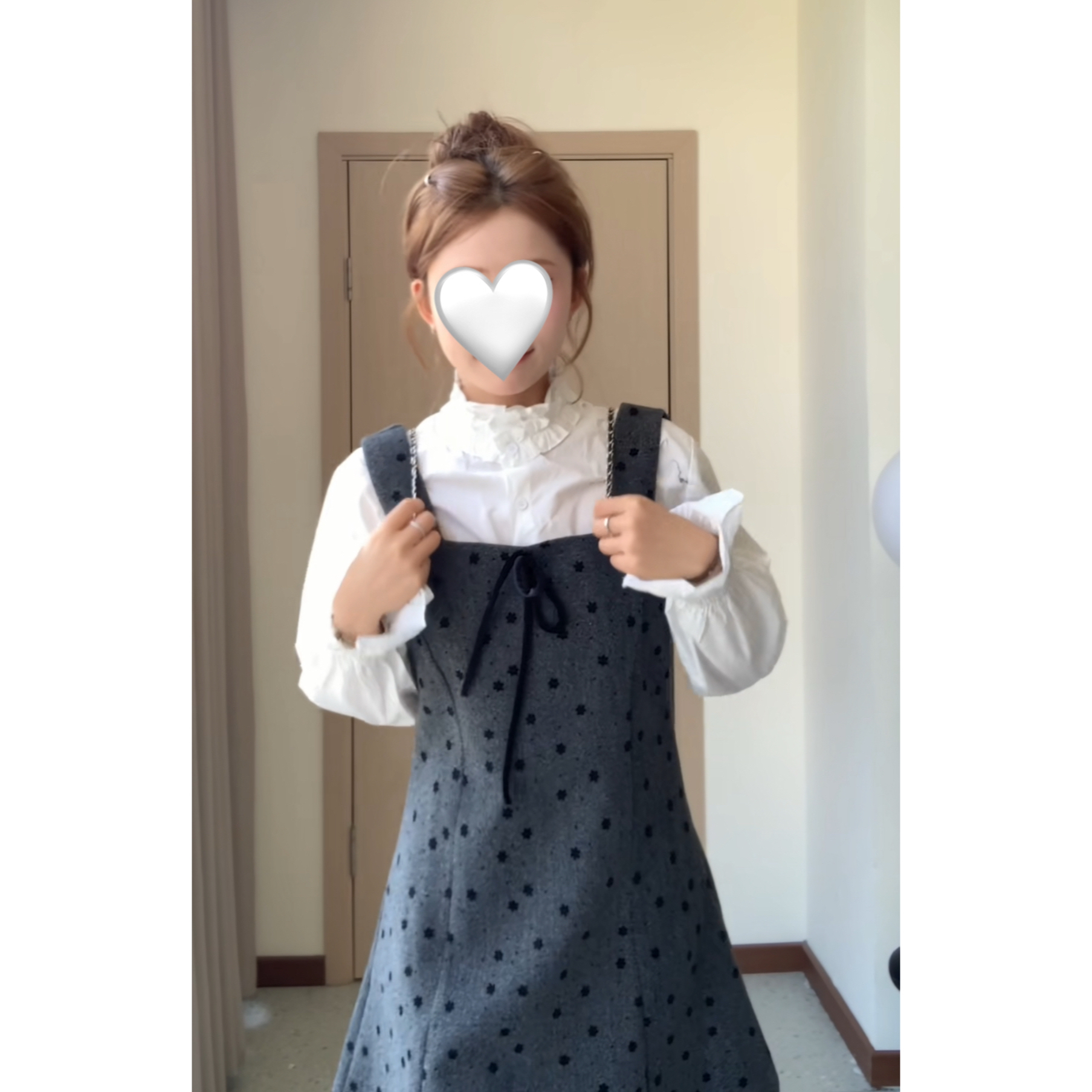 【丸子家】【温柔点点】蝴蝶结衬衫真两件连衣裙6626