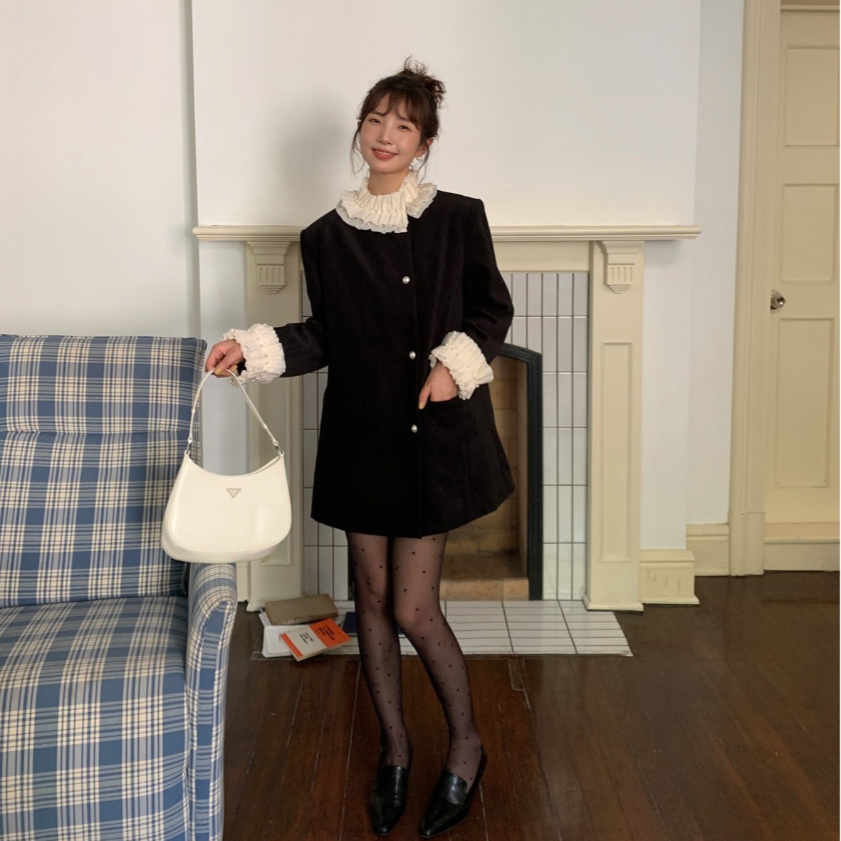 NEW OPEN冬名媛千金法式名媛花边立领珍珠扣外套83998