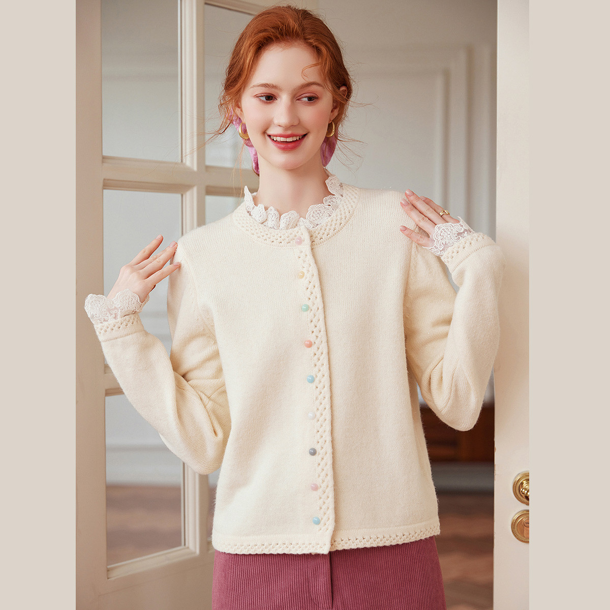 白鹿语花边拼接糖果排扣针织开衫25秋冬可外穿外套针织衫BX20142
