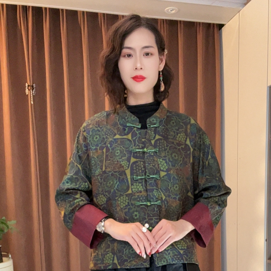 沐染家 秋季新款时尚网红提花直襟常规长袖上衣百搭ins印染新中式