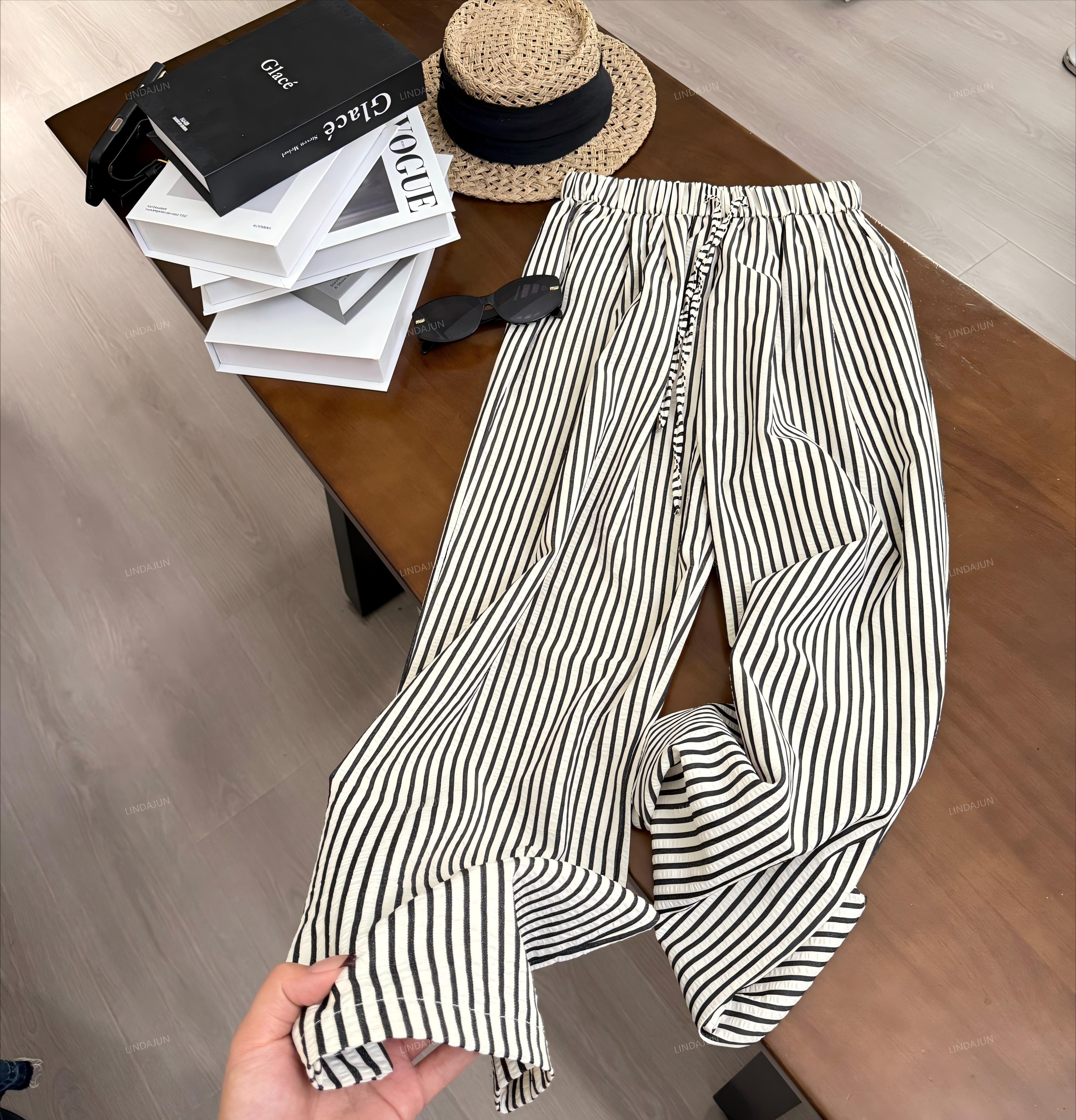 大君君 新款夏季条纹透气时尚显瘦宽松休闲慵懒直筒条纹裤 K102