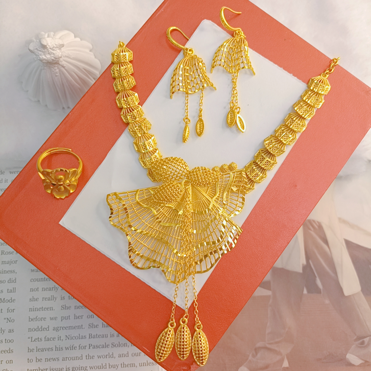 铜合金项链 铜合金时尚款delzok项链配饰金色饰品长款三件套5353