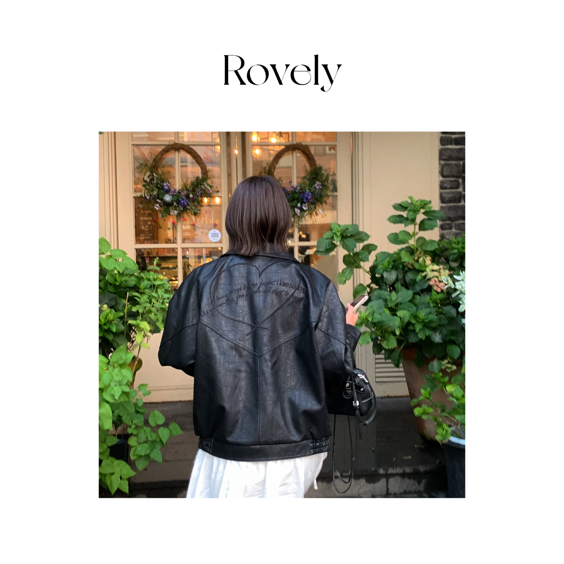 Rovely【超重工爱心皮衣】爱心字母刺绣不规则钉扣百搭休闲皮衣