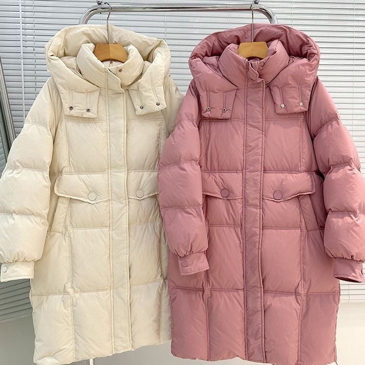 【反季特卖】羽绒服女中长款M扣韩版宽松白鸭绒休闲连帽宽松外套